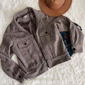 Stylish Brown Plaid cropped Wool blend jacket Medium